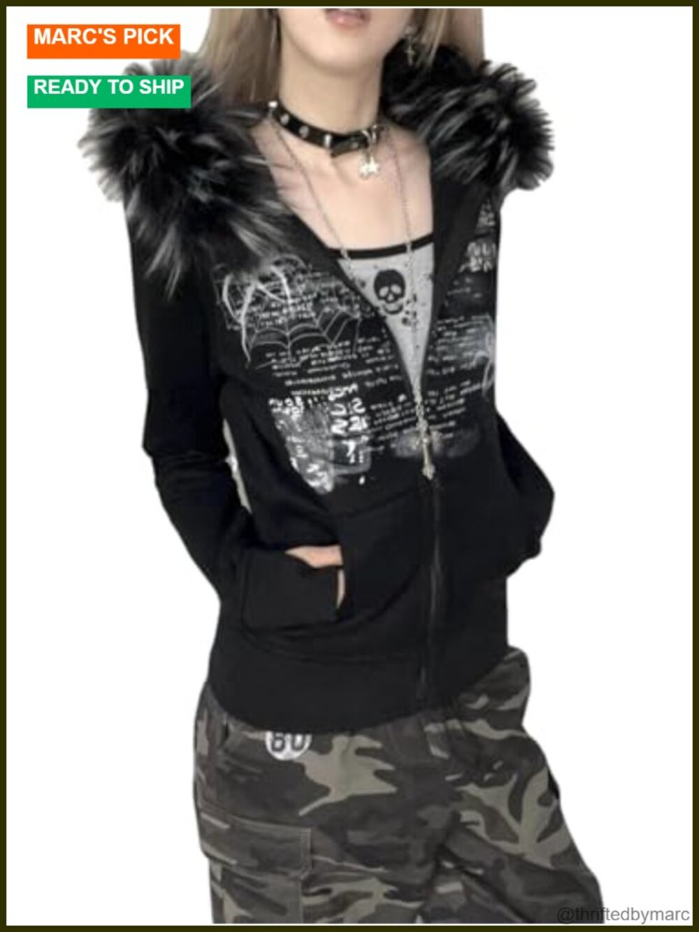 Y2K Fur Collar Grunge Hoodies Women Gothic Print Hooded Streetwear Slim Jacket